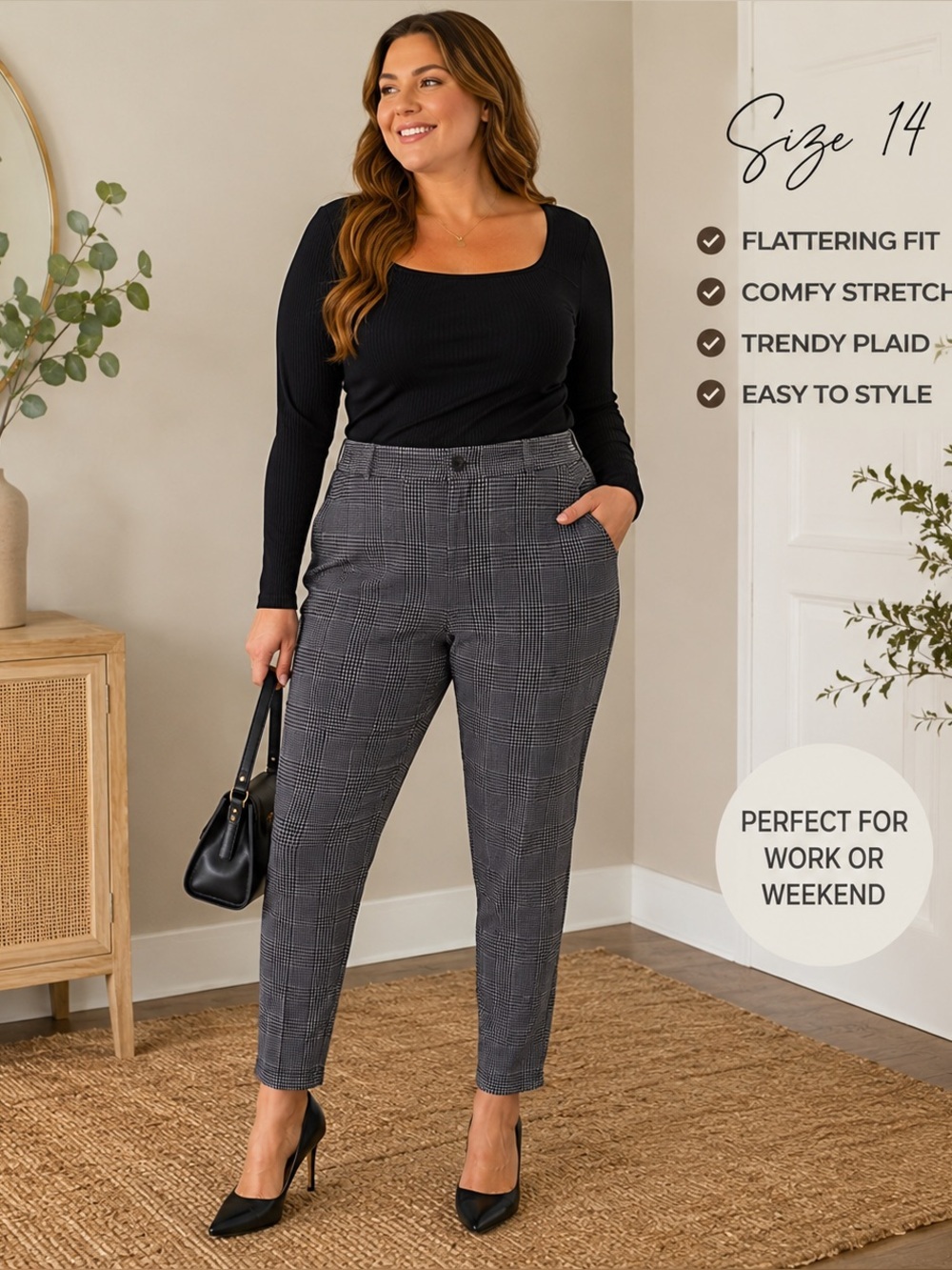 Terra & Sky Plaid Pull On Ponte Pants Womens 0X 14W Stretch Career Casual